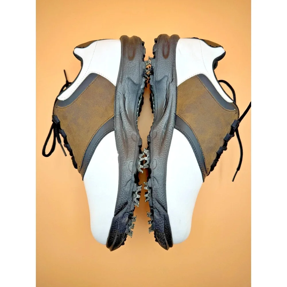 FootJoy GreenJoys Men's 10.5W White Brown Black Leather Lace-Up Golf Shoes Cleat - Picture 3 of 14